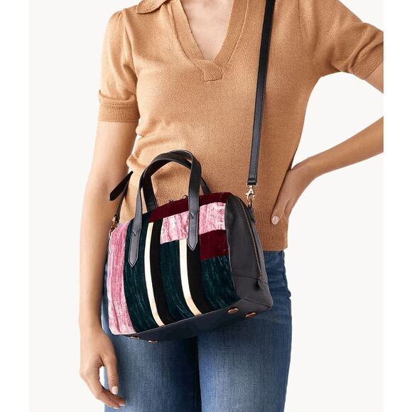 Fossil Sydney Satchel Velvet Patchwork Green Red Pink & Wallet NWT - Picture 12 of 12